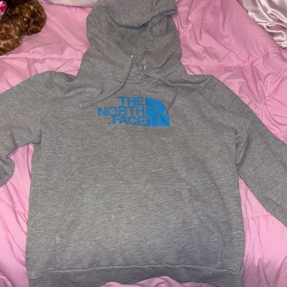 The North Face Heather Gray Hoodie with Vibrant Blue Logo
